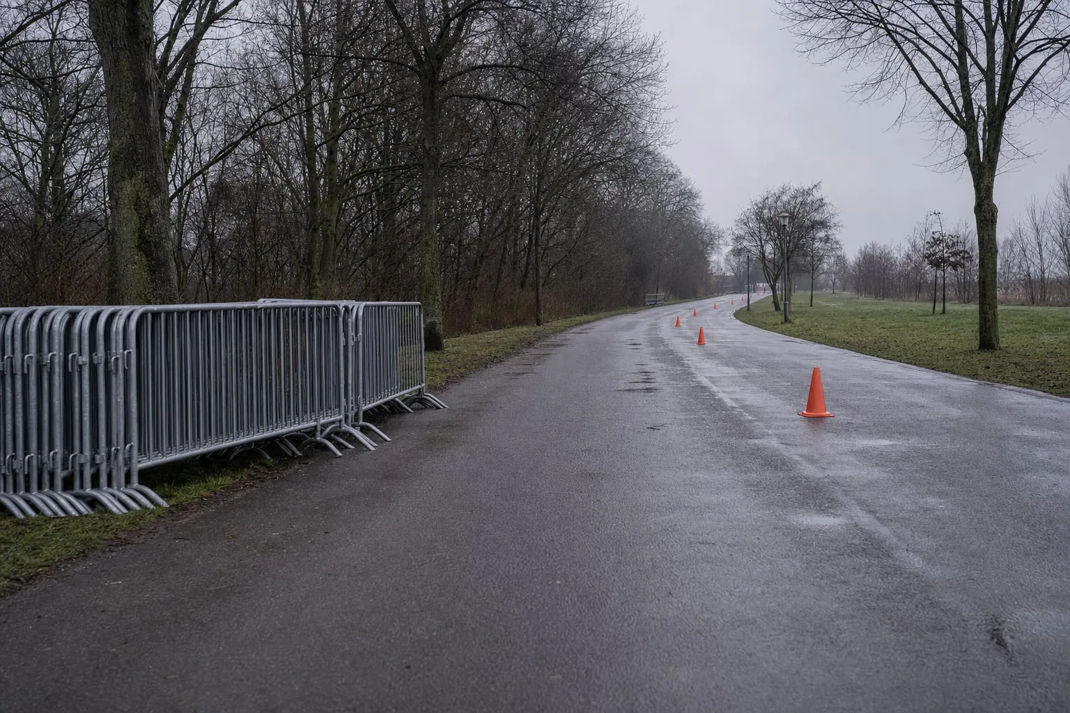 Leere Parkstraße an einem grauen Morgen, am Rand gestapelte Absperrgitter und Pylonen