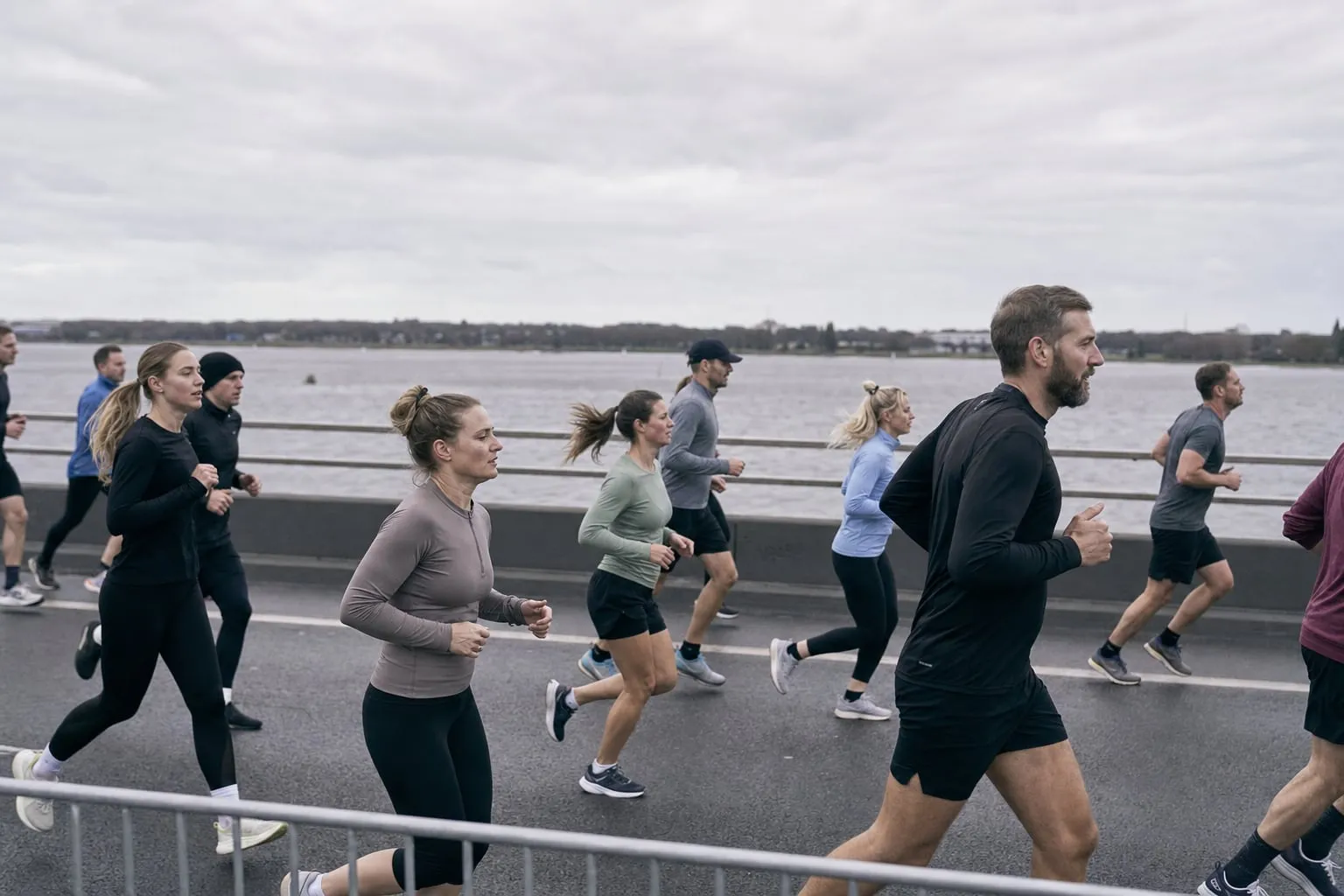 Marathonläufer auf einer Brücke über einen breiten Fluss, Zuschauer hinter der Absperrung